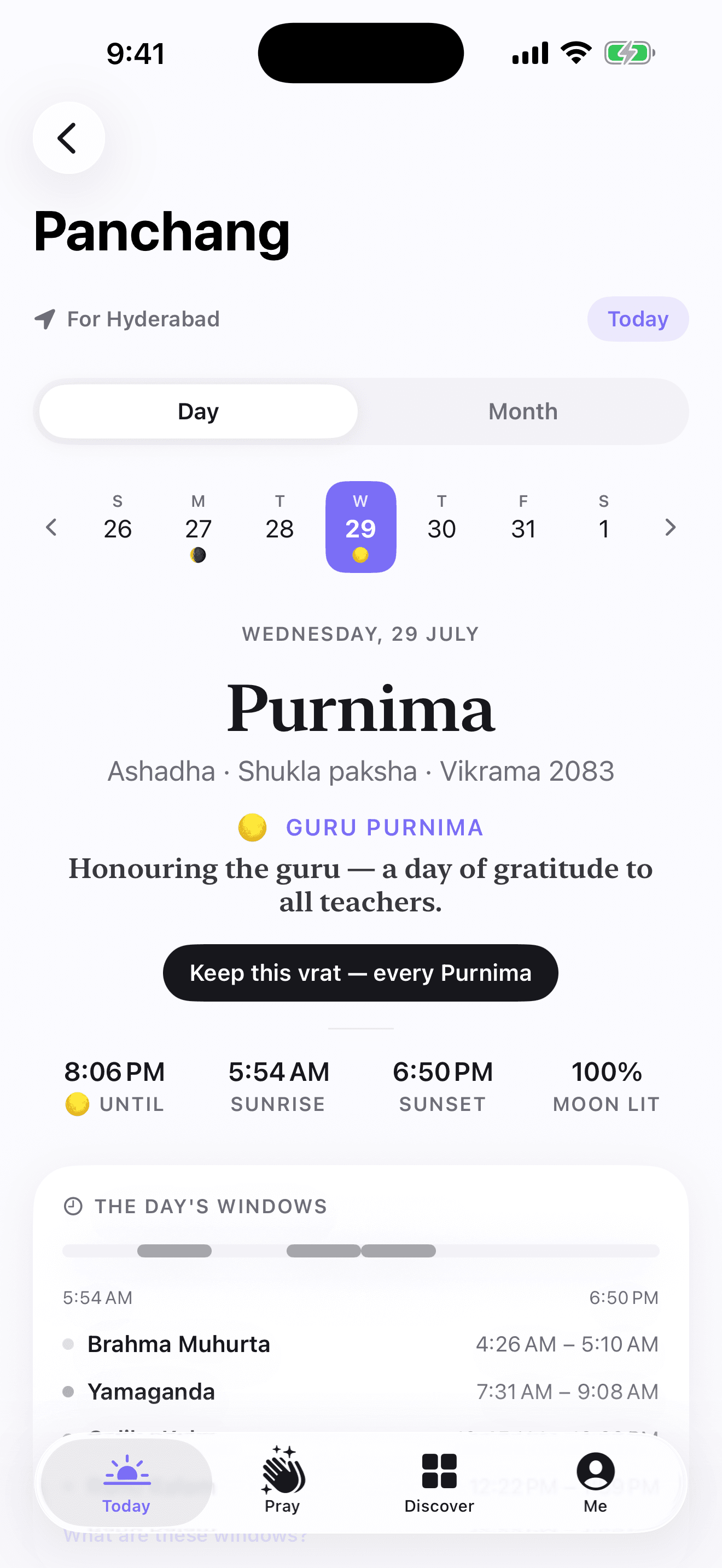 The panchang day view in the Sankalp app